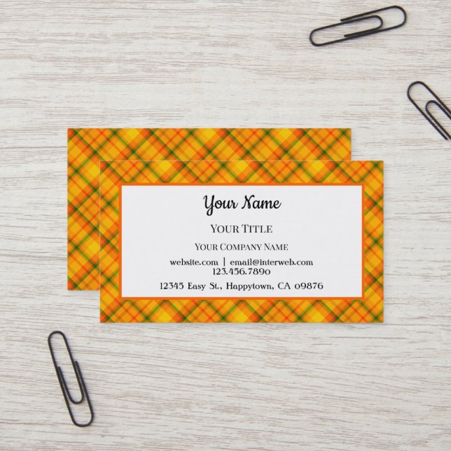 Orange Yellow Plaid Pattern Editable Business Card (Front/Back In Situ)