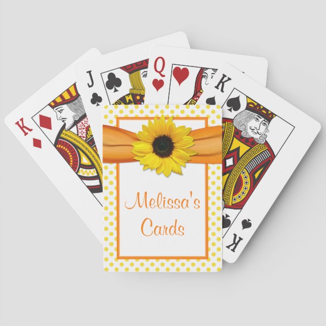 Orange Yellow Polka Dot Sunflower Personalized Poker Cards (Back)