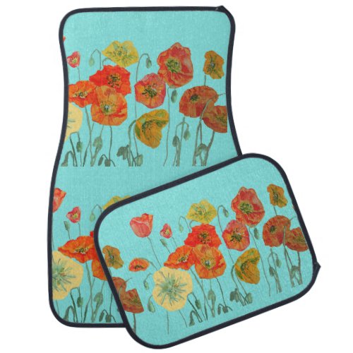 Orange Yellow Poppies Floral Aqua Poppy Girls  Car Floor Mat