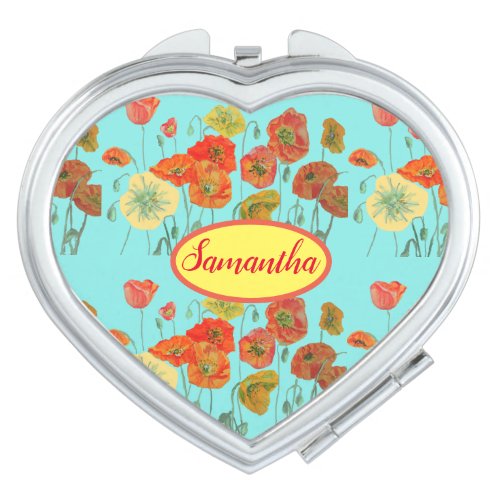 Orange Yellow Poppies Floral Aqua Poppy Girls Name Compact Mirror