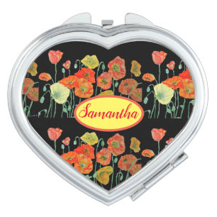 Orange Yellow Poppies Floral Aqua Poppy Girls Name Compact Mirror