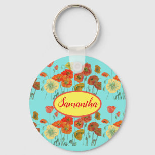 Orange Yellow Poppies Floral Aqua Poppy Girls Name Keychain