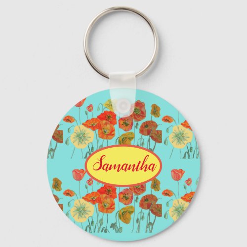 Orange Yellow Poppies Floral Aqua Poppy Girls Name Keychain