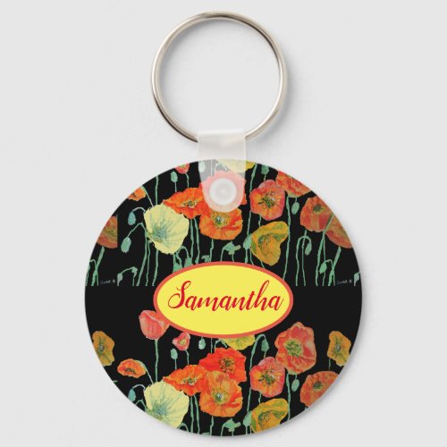 Orange Yellow Poppies Floral Aqua Poppy Girls Name Keychain