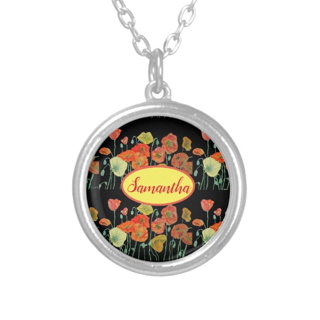 Orange Yellow Poppies Floral Aqua Poppy Girls Name Silver Plated Necklace (Front)