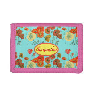 Orange Yellow Poppies Floral Aqua Poppy Girls Name Tri-fold Wallet