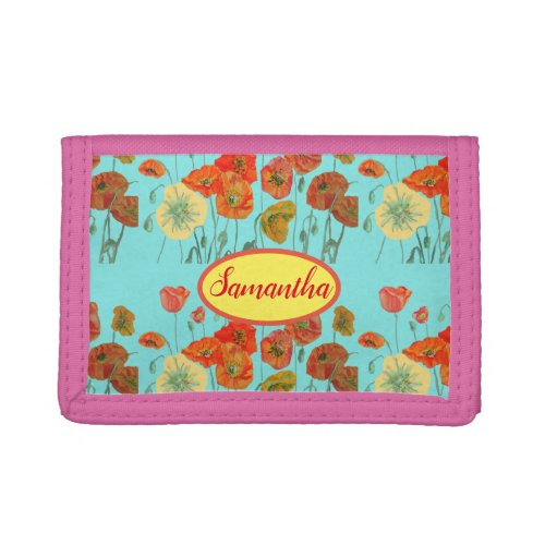 Orange Yellow Poppies Floral Aqua Poppy Girls Name Trifold Wallet