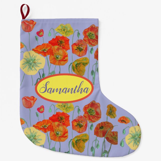 Orange Yellow Poppies Floral Lilac Flowers Large Christmas Stocking (Front)