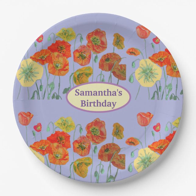 Orange Yellow Purple Poppy Poppies Flower Birthday Paper Plates (Front)
