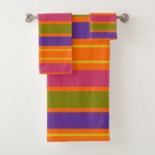 Orange, Yellow, Red, Green and Purple stripes Bath Towel Set