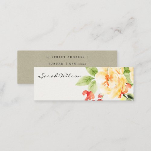 ORANGE YELLOW RED ROSE WATERCOLOR FLORAL ADDRESS MINI BUSINESS CARD
