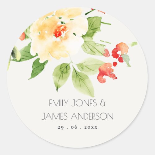ORANGE YELLOW RED ROSE WATERCOLOR FLORAL CLASSIC ROUND STICKER