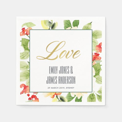 ORANGE YELLOW RED ROSE WATERCOLOR FLORAL GOLD LOVE NAPKINS