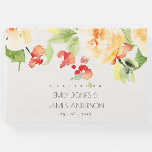 ORANGE YELLOW RED ROSE WATERCOLOR FLORAL WEDDING GUEST BOOK