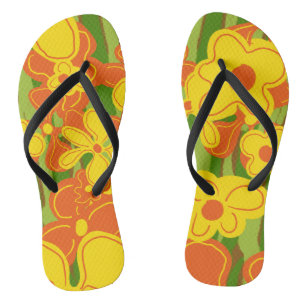 Orange Yellow Retro Flowers on Green Flip Flops