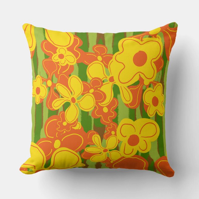 Orange Yellow Retro Flowers on Striped Green Throw Pillow (Front)