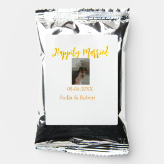 Orange yellow retro photo happily married couple coffee drink mix