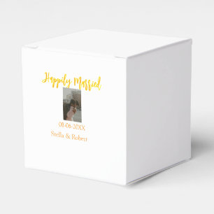 Orange yellow retro photo happily married couple favor boxes
