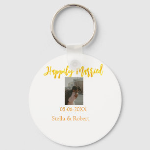 Orange yellow retro photo happily married couple keychain