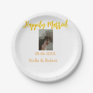 Orange yellow retro photo happily married couple paper plates
