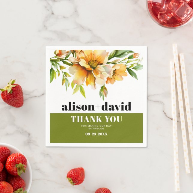 Orange yellow rhododendron flowers fall wedding napkins (Insitu)