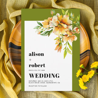 Orange, yellow rhododendron olive green wedding invitation