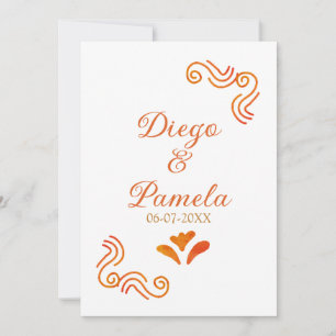 orange yellow rustic spanish wedding couple name invitation