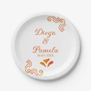 orange yellow rustic spanish wedding couple name paper plates