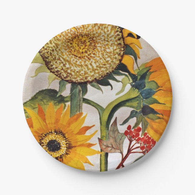 Orange Yellow Seeding Sunflower Art Paper Plates (Front)