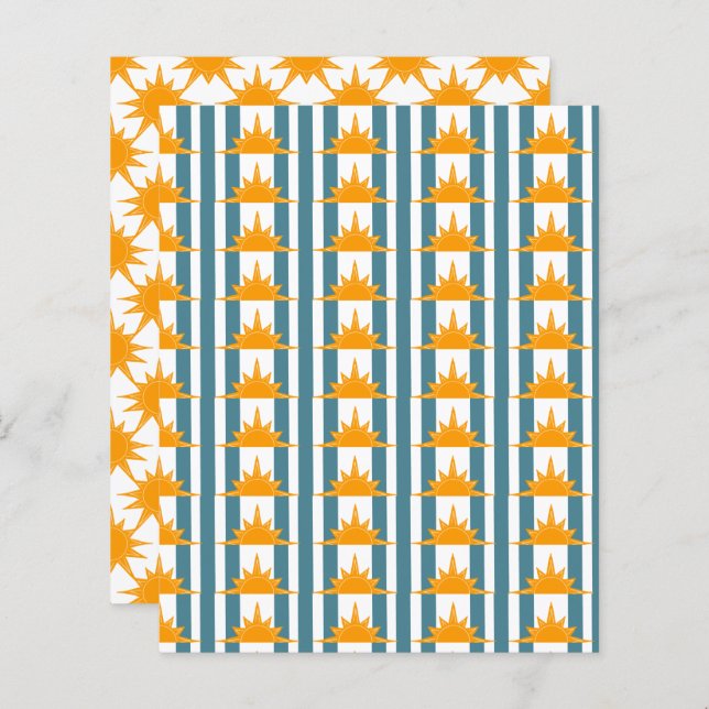Orange yellow sun on teal stripes scrapbook paper (Front/Back)