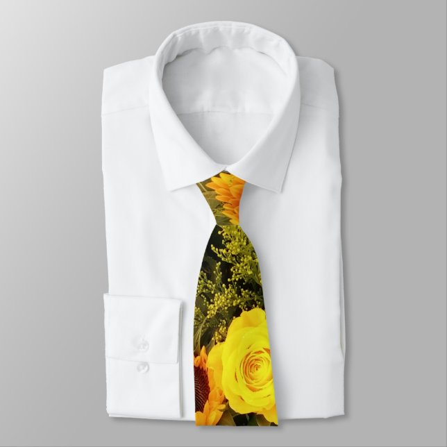 Orange Yellow Sunflower Roses Floral Bouquet Neck Tie (Tied)