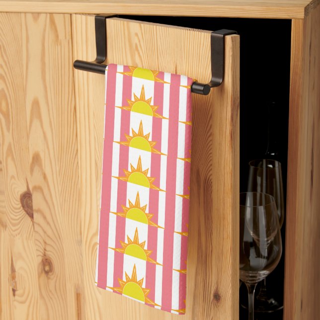 Orange Yellow Suns on Pink Stripes Kitchen Towel (Thirds Fold)