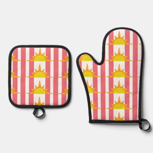 Orange Yellow Suns on Pink Stripes Oven Mitt  Pot Holder Set