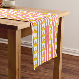 Orange Yellow Suns on Pink Stripes Short Table Runner