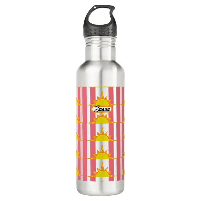 Orange Yellow Suns on Pink Stripes Stainless Steel Water Bottle (Front)