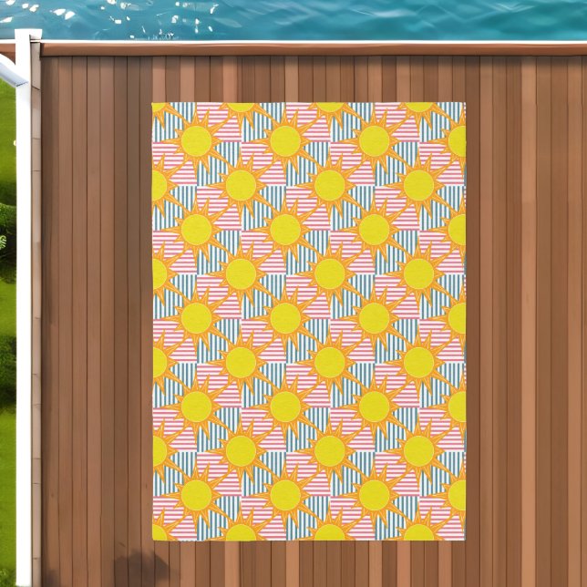 Orange Yellow Suns on Teal Pink Striped Checks Outdoor Rug (Insitu (Outdoor 2))
