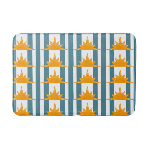 Orange Yellow Suns on Teal Stripes Bath Mat