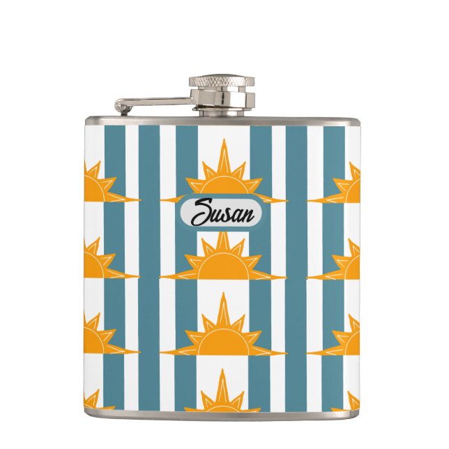 Orange Yellow Suns on Teal Stripes Flask (Front)