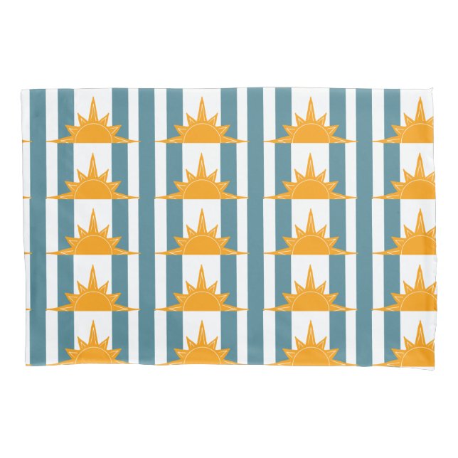 Orange Yellow Suns on Teal Stripes Pillow Case (Front-Left)