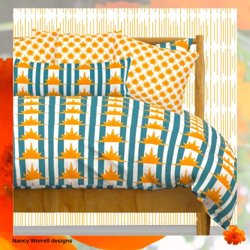 Orange Yellow Suns on Teal Stripes Reversible Duvet Cover