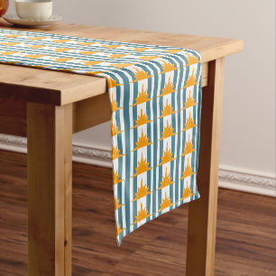 Orange Yellow Suns on Teal Stripes Short Table Runner