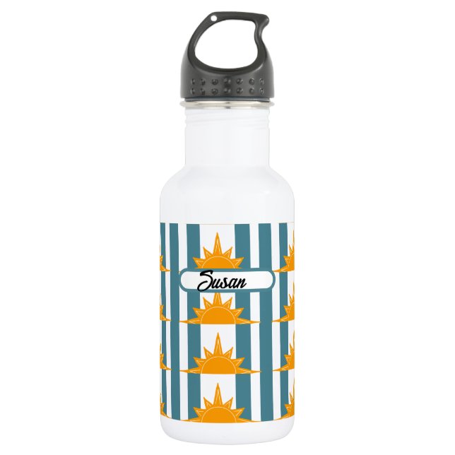 Orange Yellow Suns on Teal Stripes Stainless Steel Water Bottle (Front)
