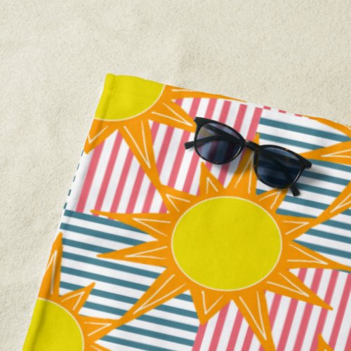 Orange Yellow Suns Pink Teal Stripes Beach Towel