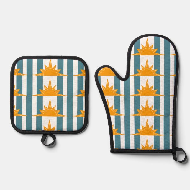 Orange Yellow Suns Teal Stripes Oven Mitt & Pot Holder Set (Front)