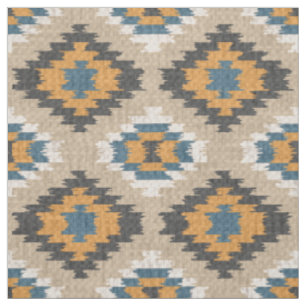 Orange Yellow Teal Blue Taupe Brown Ethnic Look Fabric