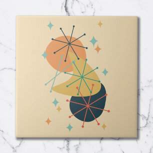 Orange, Yellow, Teal Mid-Century Abstract Ceramic Tile