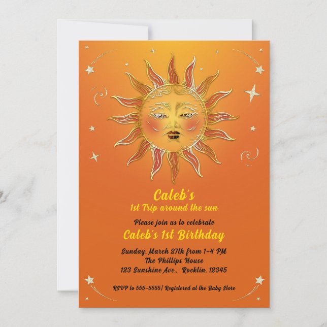 Orange Yellow Trip Around the Sun 1st Birthday  Invitation (Front)