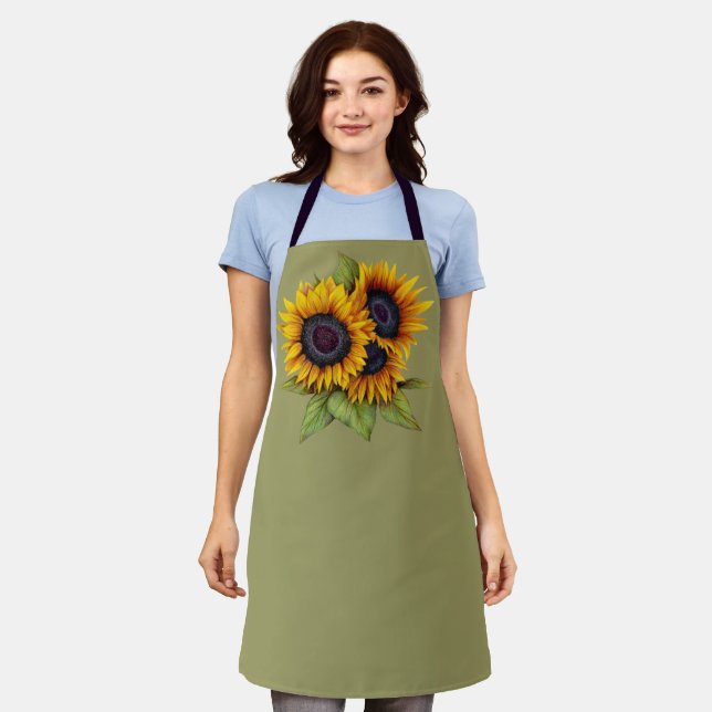 Orange yellow watercolor big sunflowers green apron (Worn)
