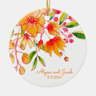 Orange Yellow Watercolor Floral Couple Names Date Ceramic Ornament