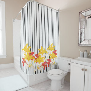 Orange Yellow White Flowers Black White Stripes Shower Curtain